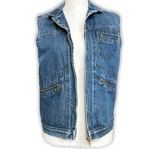 Vintage 90s jean denim vest chore jacket outdoor zip up 3 pocket sz M Brittania